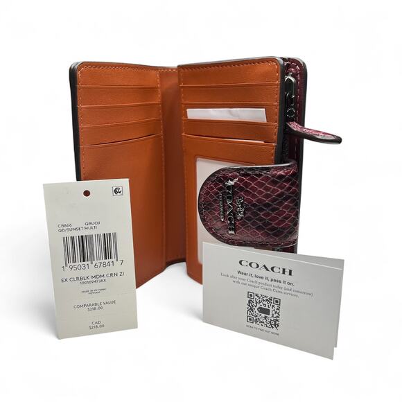 COACH NWT Medium Corner Zip Wallet Colorblock Maroon Burgundy snakeskin leather - Picture 10 of 14